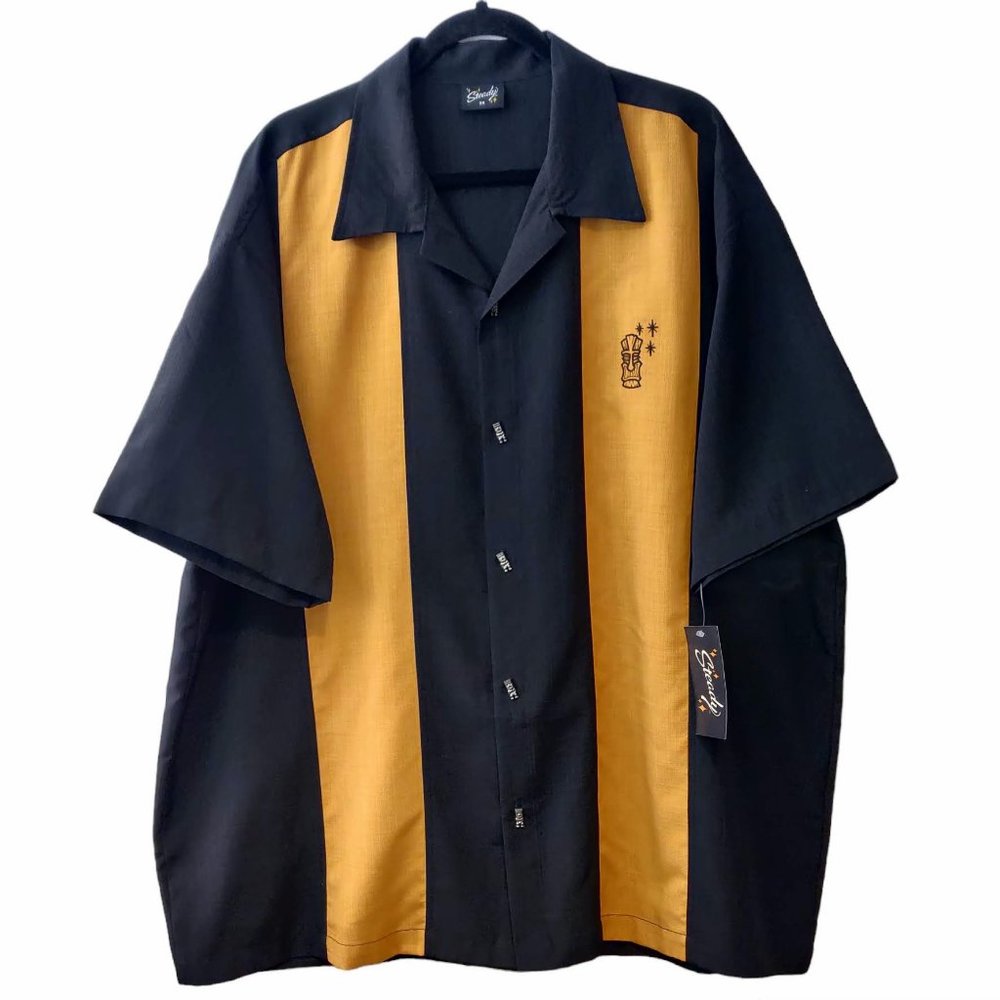 Steady Mens NWT Black Gold Colorblock Tiki Embroidered Buttons Bowling Shirt 3X